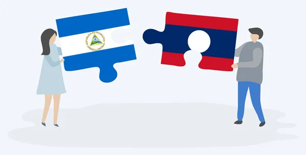 Para Trzyma Dwa Kawałki Puzzli Nikaraguańskim Lao Flagi Nikaragua Laos — Wektor stockowy
