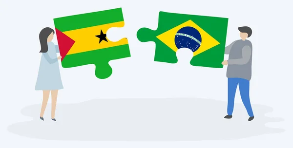 Couple Tenant Deux Pièces Puzzles Avec Des Drapeaux Sao Tomean — Image vectorielle