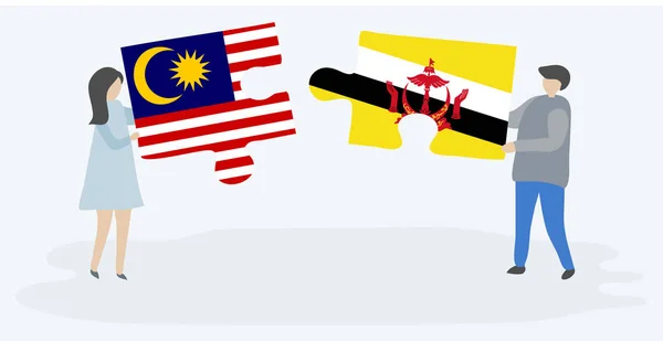 Casal Segurando Duas Peças Quebra Cabeças Com Bandeiras Malásia Bruneian — Vetor de Stock