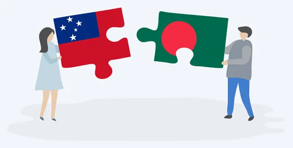 Couple Tenant Deux Pièces Puzzles Avec Des Drapeaux Samoan Bangladais — Image vectorielle