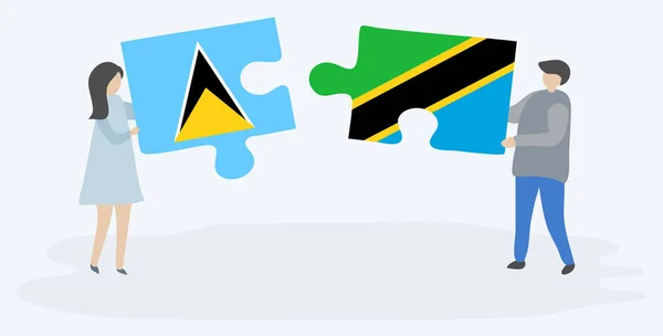 Para Trzyma Dwa Kawałki Puzzli Saint Lucian Tanzanii Flagi Symbole — Wektor stockowy