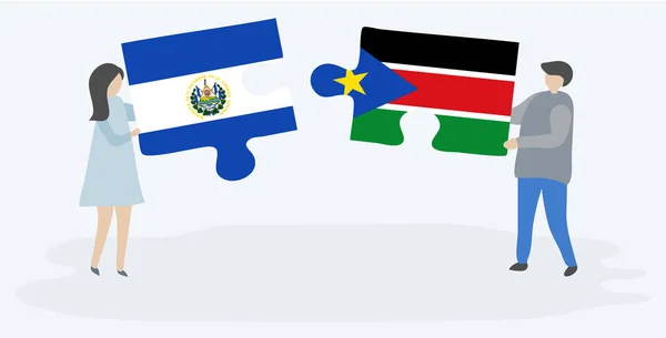 Pareja Sosteniendo Dos Piezas Rompecabezas Con Banderas Salvadoreñas Sudanesas Del — Archivo Imágenes Vectoriales