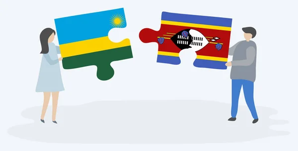 Casal Segurando Duas Peças Quebra Cabeças Com Bandeiras Ruandesas Suazis —  Vetores de Stock