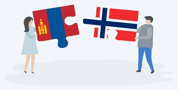 Ζευγάρι Που Κρατά Δύο Κομμάτια Παζλ Μογγολικές Και Νορβηγικές Σημαίες — Διανυσματικό Αρχείο