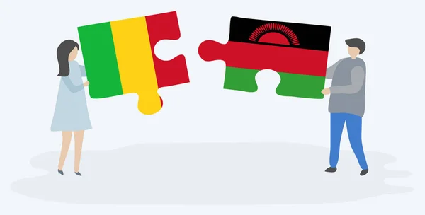 Çift Mali Malavi Bayraklarıyla Iki Bulmaca Parçası Tutuyor Mali Malavi — Stok Vektör