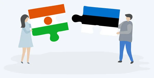 Paar Houden Twee Puzzels Stukken Met Nigerien Ests Vlaggen Niger — Stockvector