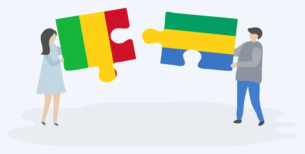 Paar Houden Twee Puzzels Stukken Met Malian Gabonese Vlaggen Mali — Stockvector