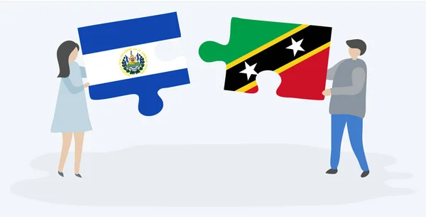 Paar Houden Twee Puzzels Stukken Met Salvadoraanse Kittitian Vlaggen Salvador — Stockvector