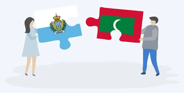 Pareja Sosteniendo Dos Piezas Rompecabezas Con Banderas Sammarinese Maldivas San — Vector de stock