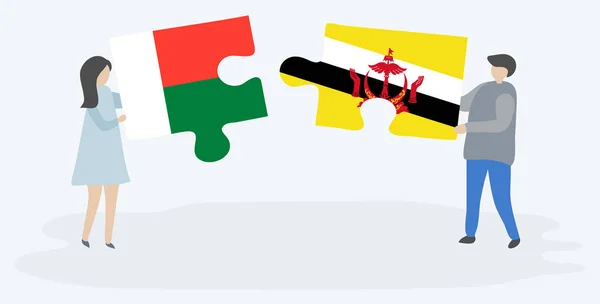 Paar Houden Twee Puzzels Stukken Met Malagasi Bruneian Vlaggen Madagaskar — Stockvector