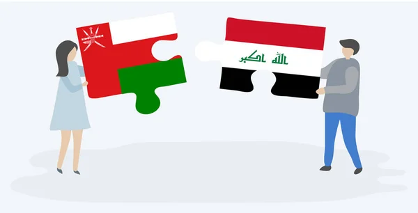 Para Trzyma Dwa Kawałki Puzzli Omani Irackich Flag Oman Irak — Wektor stockowy