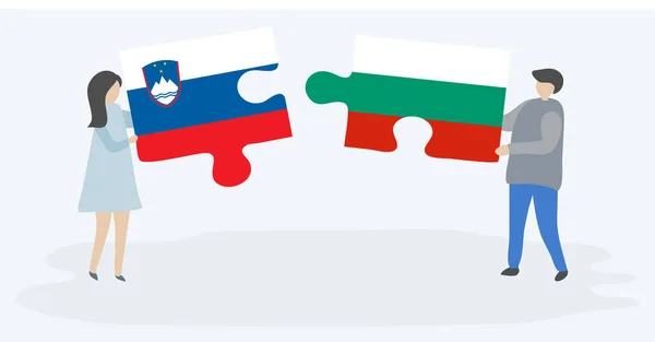 Ζευγάρι Που Κρατά Δύο Κομμάτια Παζλ Σλοβενική Και Βουλγαρικές Σημαίες — Διανυσματικό Αρχείο