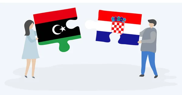 Couple Holding Two Puzzles Pieces Libyan Croatian Flags Libya Croatia — Stock Vector