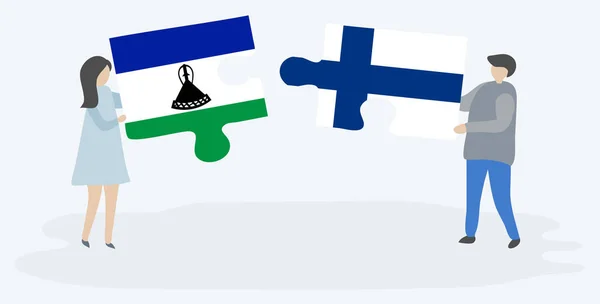 Pareja Sosteniendo Dos Piezas Rompecabezas Con Banderas Basotho Finlandia Lesotho — Vector de stock