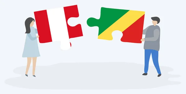 Paar Houden Twee Puzzels Stukken Met Peruaanse Congolese Vlaggen Peru — Stockvector