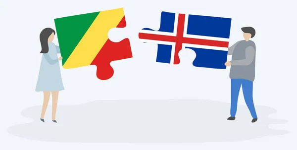 Par Som Innehar Två Pusselbitar Med Kongolesiska Och Isländska Flaggor — Stock vektor