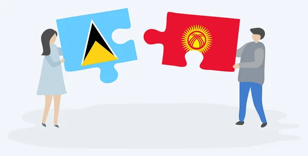 Couple Holding Two Puzzles Pieces Saint Lucian Kirgiz Flags Saint — Stock Vector