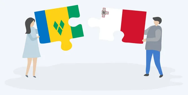 一对夫妇拿着两个拼图片与文森特和马耳他国旗 圣文森特和格林纳丁斯和马耳他国家象征在一起 — 图库矢量图片