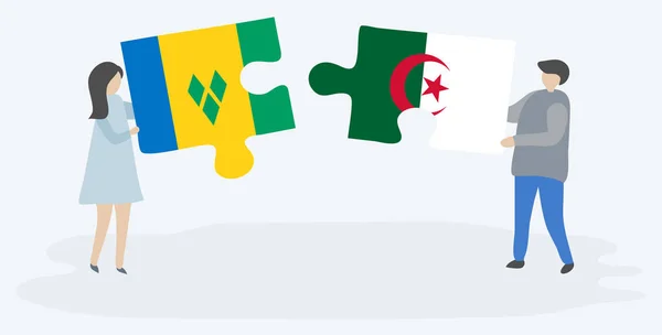 Paar Houden Twee Puzzels Stukken Met Vincentian Algerijnse Vlaggen Saint — Stockvector