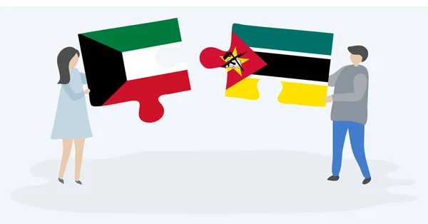 Couple Tenant Deux Pièces Puzzles Avec Des Drapeaux Koweïtiens Mozambicains — Image vectorielle