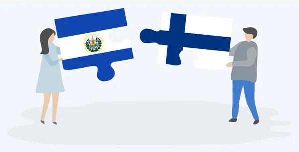 Couple Holding Two Puzzles Pieces Salvadoran Finnish Flags Salvador Finland — Stock Vector