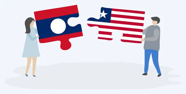 Para Trzyma Dwa Kawałki Puzzli Lao Liberian Flagi Symbole Narodowe — Wektor stockowy