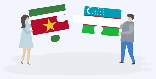 Para Trzyma Dwa Kawałki Puzzli Surinamu Uzbeckich Flag Symbole Narodowe — Wektor stockowy