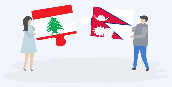 Para Trzyma Dwa Kawałki Puzzli Libańskich Nepalskich Flag Symbole Narodowe — Wektor stockowy