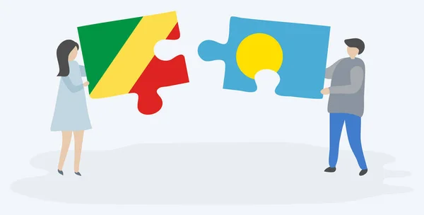 Couple Holding Two Puzzles Pieces Congolese Palauan Flags Republic Congo — Stock Vector