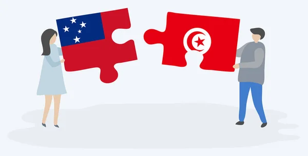 Casal Segurando Duas Peças Quebra Cabeças Com Bandeiras Samoanas Tunisinas —  Vetores de Stock