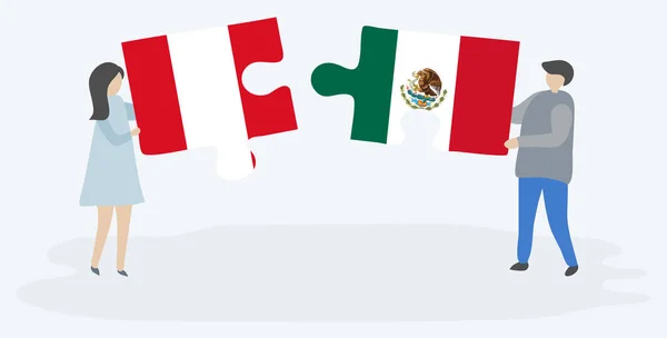 Para Trzymania Dwóch Puzzli Peruwiańskich Meksykańskich Flag Symbole Narodowe Peru — Wektor stockowy