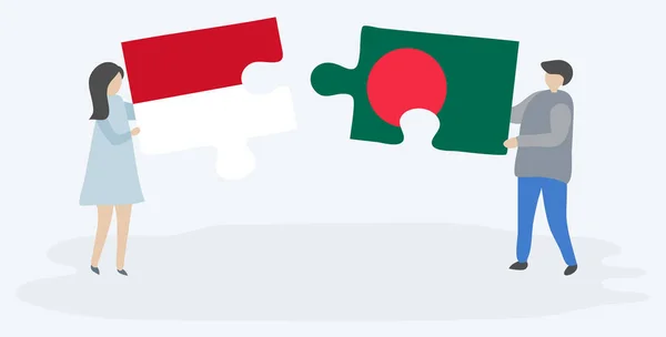 Par Som Innehar Två Pusselbitar Med Monegasque Och Bangladeshisk Flaggor — Stock vektor