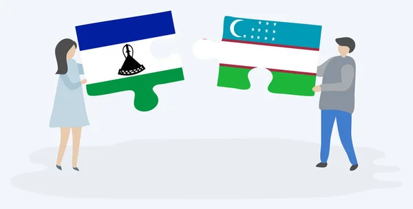 Couple Holding Two Puzzles Pieces Basotho Uzbek Flags Lesotho Uzbekistan — Stock Vector