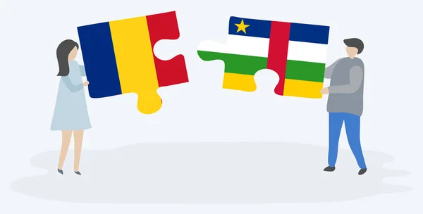 Pareja Sosteniendo Dos Piezas Rompecabezas Con Banderas Rumanas Centroafricanas Rumanía — Vector de stock