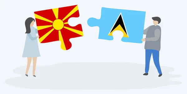 Casal Segurando Duas Peças Quebra Cabeças Com Bandeiras Macedônia Santa —  Vetores de Stock