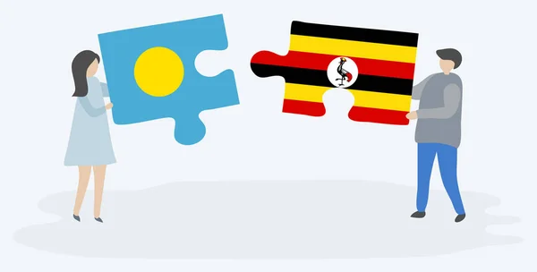 Pareja Sosteniendo Dos Piezas Rompecabezas Con Banderas Palaos Uganda Palau — Vector de stock