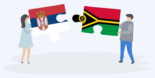 Couple Tenant Deux Pièces Puzzles Avec Des Drapeaux Serbes Vanuatuans — Image vectorielle