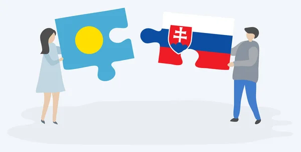 Paar Houden Twee Puzzels Stukken Met Palauan Slowaakse Vlaggen Palau — Stockvector