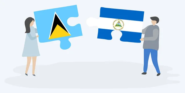 一对夫妇拿着两块拼图 上面挂着圣卢西亚和尼加拉瓜国旗 圣卢西亚和尼加拉瓜国家符号在一起 — 图库矢量图片