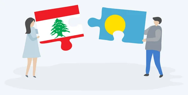 Pareja Sosteniendo Dos Piezas Rompecabezas Con Banderas Libanesas Palao Líbano — Archivo Imágenes Vectoriales