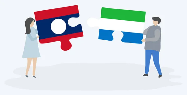 Paar Houden Twee Puzzels Stukken Met Lao Sierra Leonean Vlaggen — Stockvector