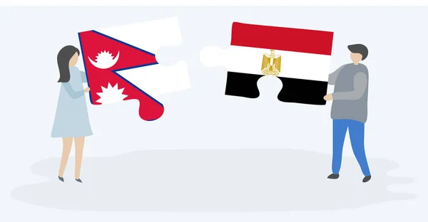 Couple Tenant Deux Pièces Puzzles Avec Des Drapeaux Népalais Égyptiens — Image vectorielle