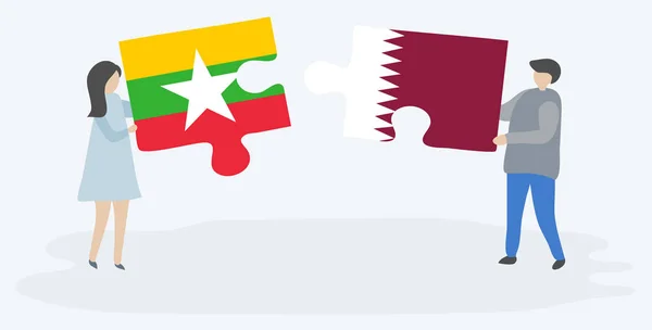 Paar Houden Twee Puzzels Stukken Met Birmese Qatari Vlaggen Myanmar — Stockvector