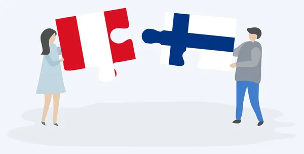 Пара Держащая Две Головоломки Перуанским Финским Флагами Перу Финляндия Вместе — стоковый вектор