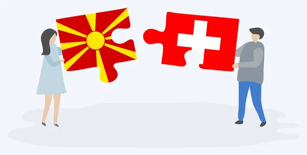 Casal Segurando Duas Peças Quebra Cabeças Com Bandeiras Macedônia Suíça —  Vetores de Stock