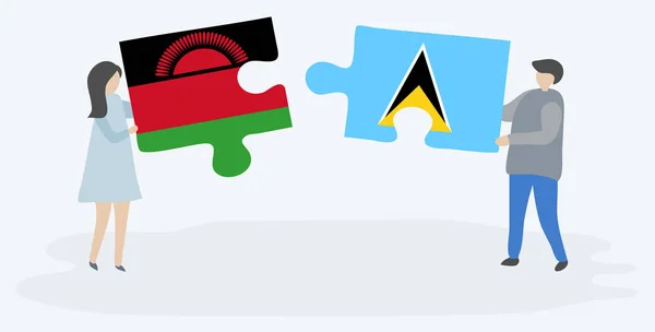 Dvojice Drží Dvě Skládanky Vlajkami Malawian Saint Lucian Národní Symboly — Stockový vektor