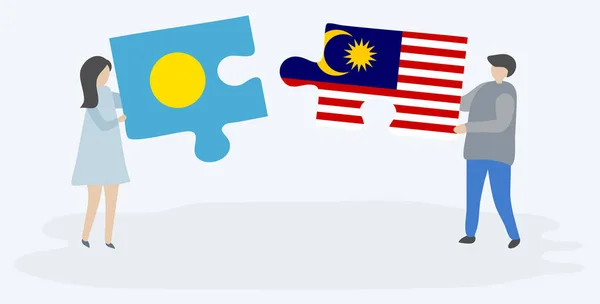 Paar Houden Twee Puzzels Stukken Met Palauan Maleisische Vlaggen Palau — Stockvector