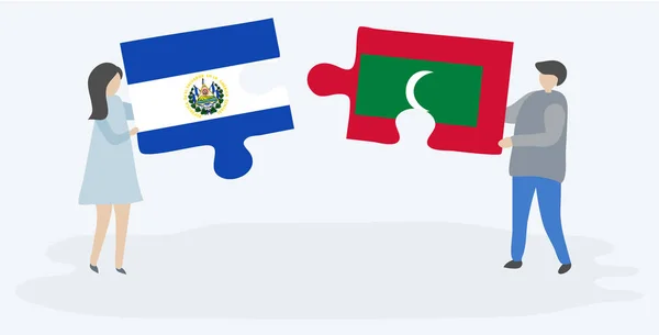 Para Trzyma Dwa Kawałki Puzzli Salwador Flagi Malediwów Salwador Malediwy — Wektor stockowy