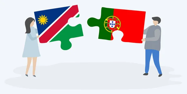 Casal Segurando Duas Peças Quebra Cabeças Com Bandeiras Namíbia Portuguesa —  Vetores de Stock
