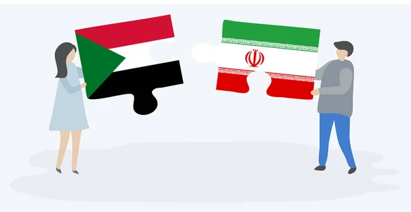 Pareja Sosteniendo Dos Piezas Rompecabezas Con Banderas Sudanesas Iraníes Sudán — Archivo Imágenes Vectoriales